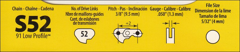 Information for new chainsaw chain on retail packaging